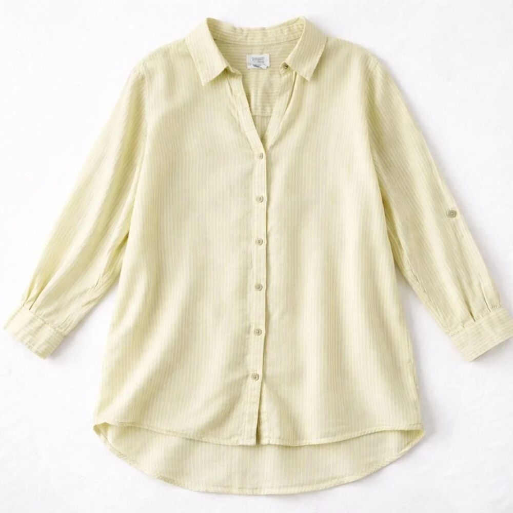 Sigrid Olsen Linen Yellow Striped Button Front Shirt Roll Tab Sleeve Preppy